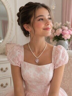 Artisan Pearl Pendant Necklace with Pink Floral Locket - Women Jewelry